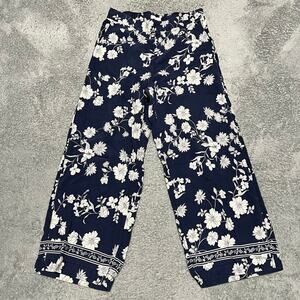 LOFT Fluid Wide Leg Pants Womens Medium Petite Navy Floral Pull On Boho Beach